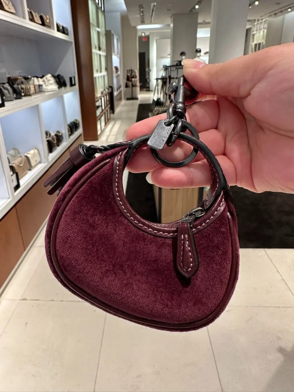 NWT! Coach CCF19 Mini Carmen Bag Charm Gunmetal/Burgundy Velvet/Smooth Leather - Picture 5 of 9